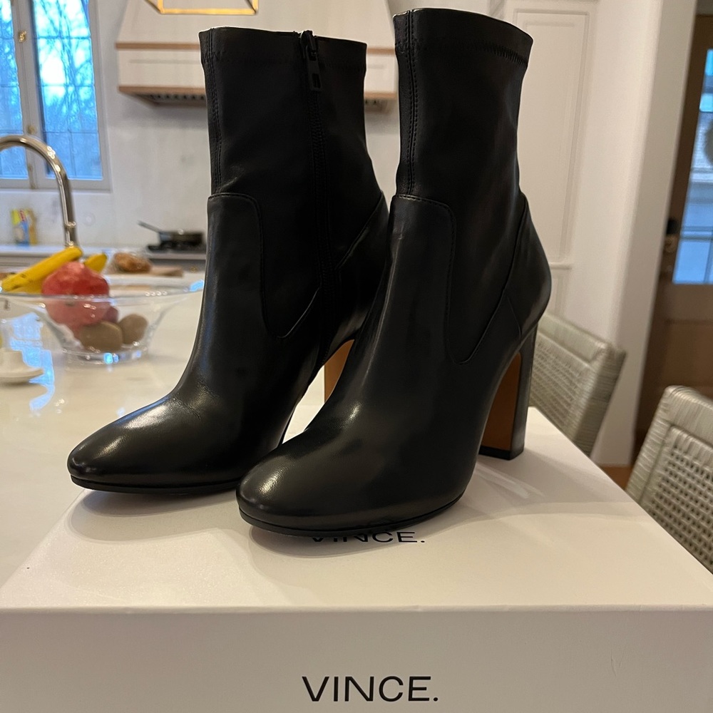 Vince, size 8/EUR 38, Calista black stretch ankle bootie.